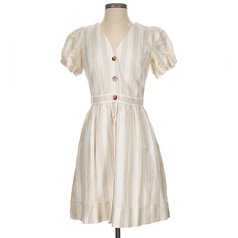Ann Taylor Loft Cream Beige Striped Linen Dress Puff Sleeve Ruffle Women’s Sz 4